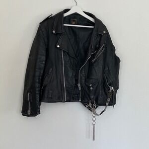 Vintage Cowhide Black Leather Motorcycle Jacket Harley Davidson Chain Mens 42